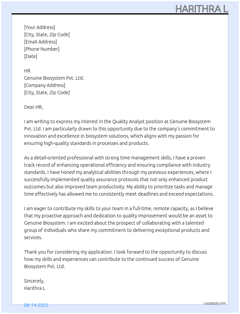 Quality analyst  At Genuine Biosystem Pvt. Ltd.  Cover Letter
