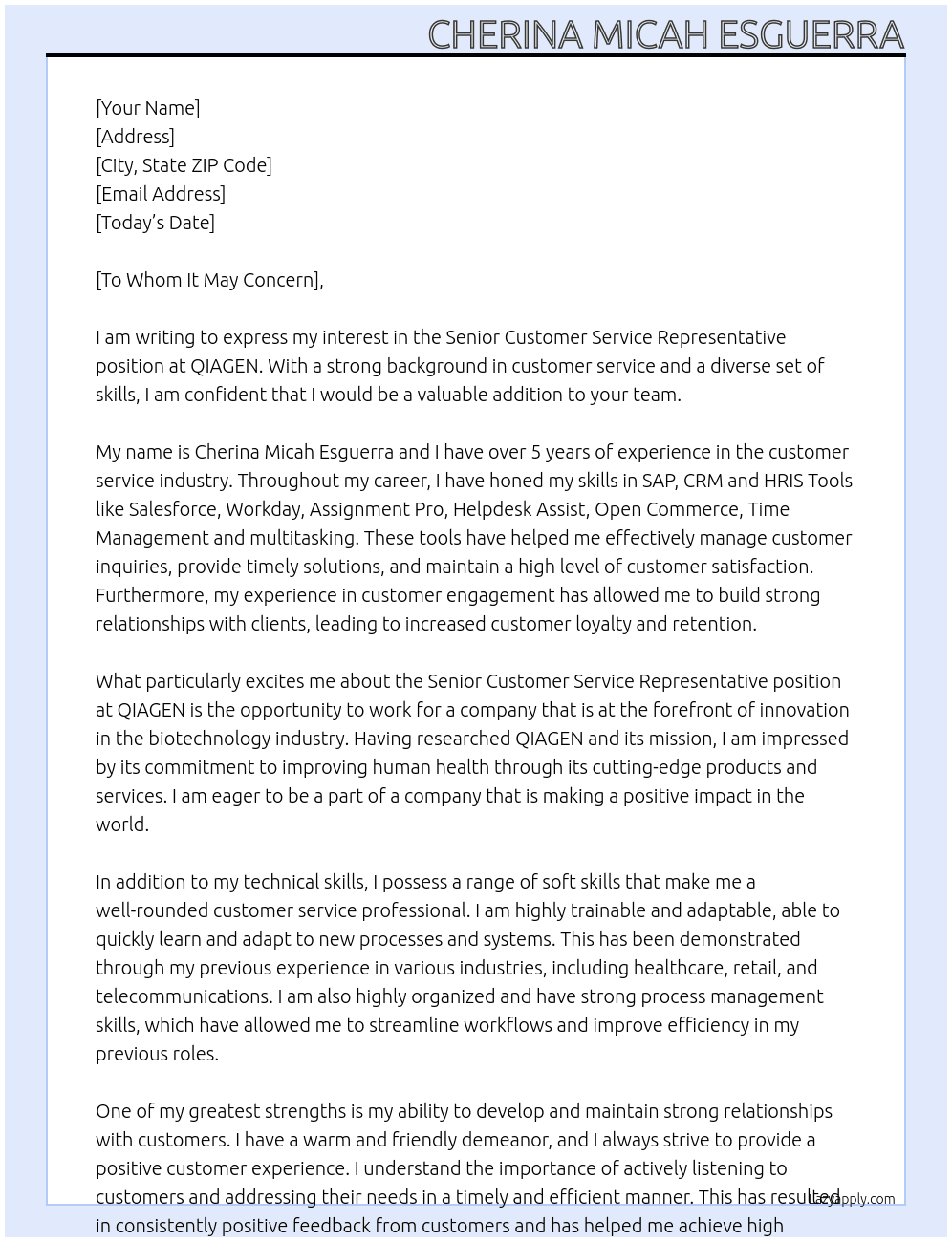 Senior Customer Service Representative  At QIAGEN Cover Letter