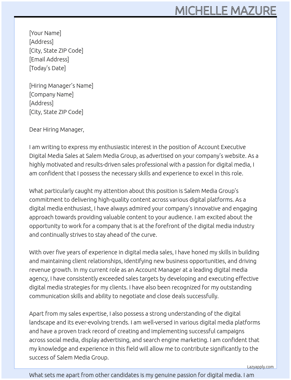  Account Executive Digital Media Sales At Salem Media Group Cover Letter