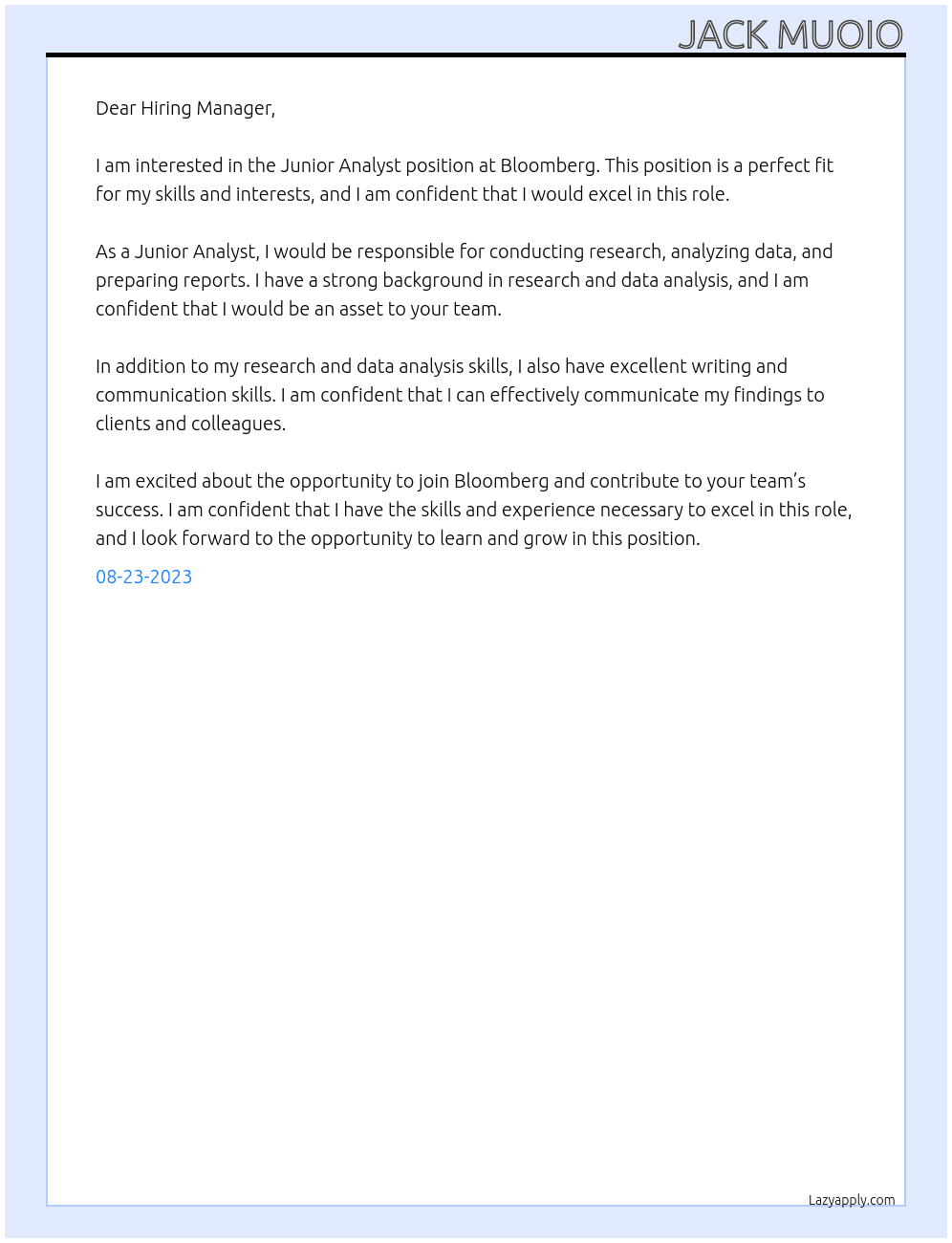 Junior Analyst At Bloomberg Cover Letter