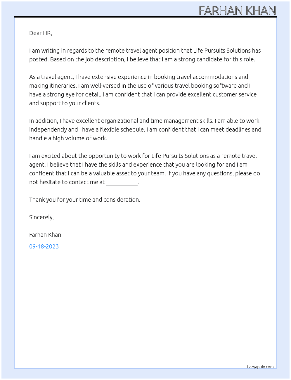  remote travel agent At Life Pursuits Solutions  Cover Letter