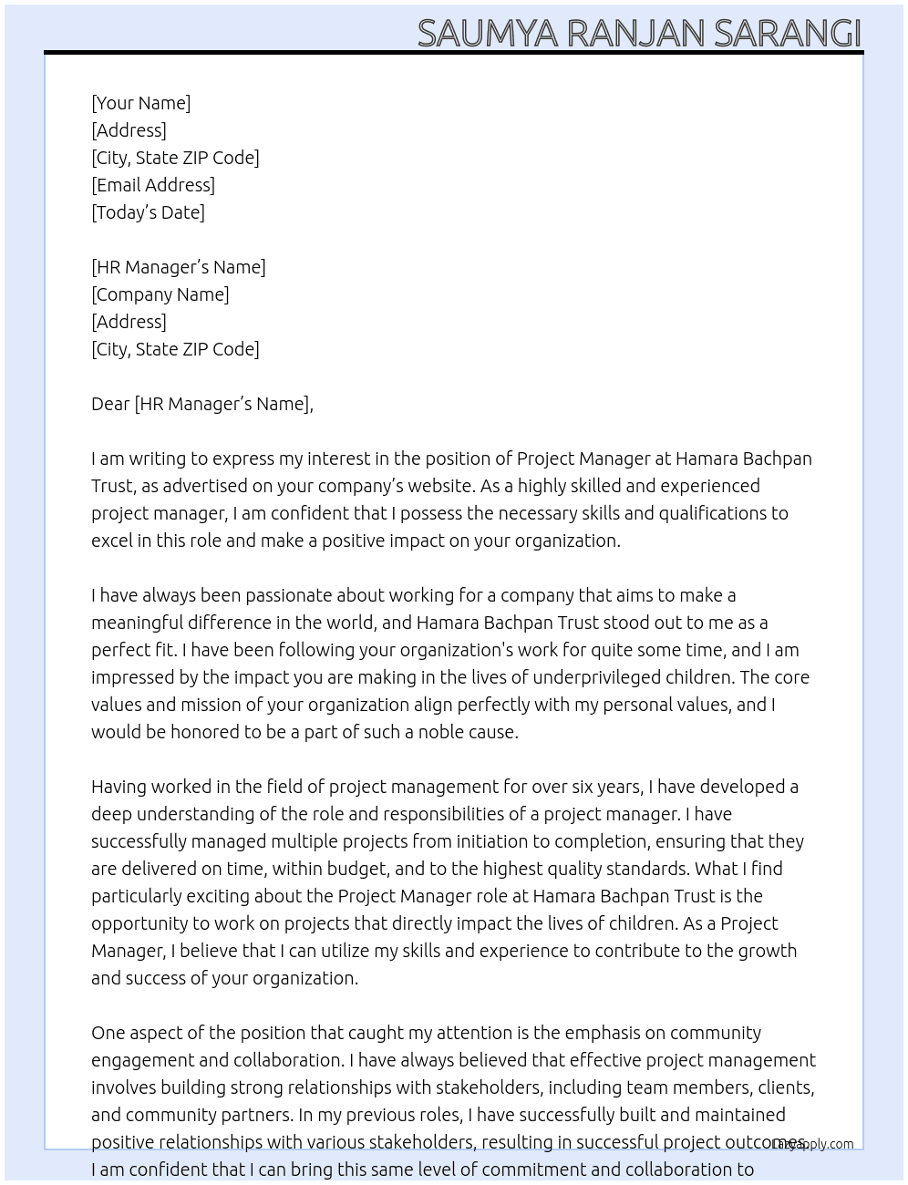 Project manager At Hamara bachpan trust Cover Letter