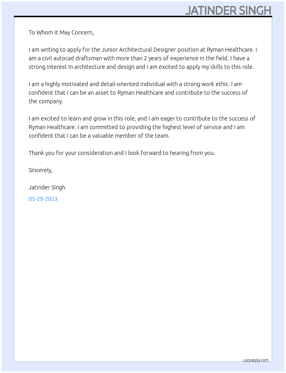 Junior Architectural Designer At Ryman Healthcare Cover Letter