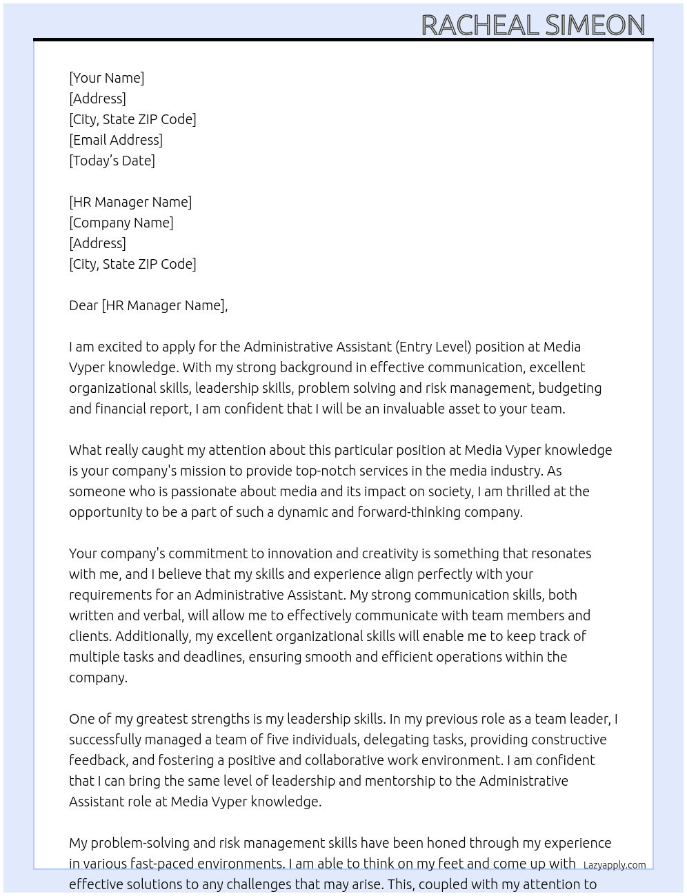 Administrative Assistant ( Entry Level ) At Media Vyper knowledge  Cover Letter