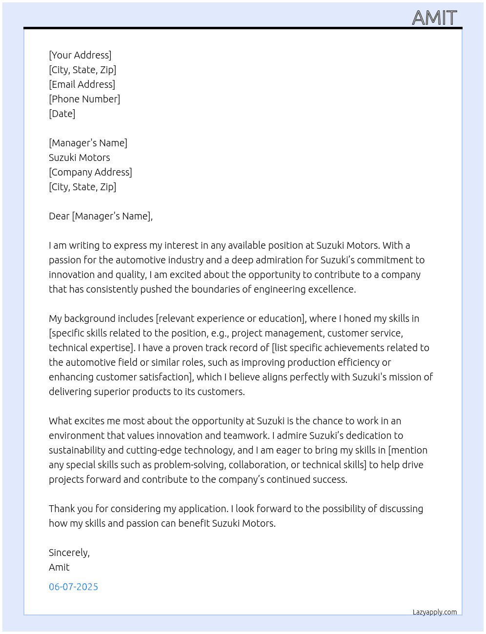 Any job At Suzuki motors Cover Letter