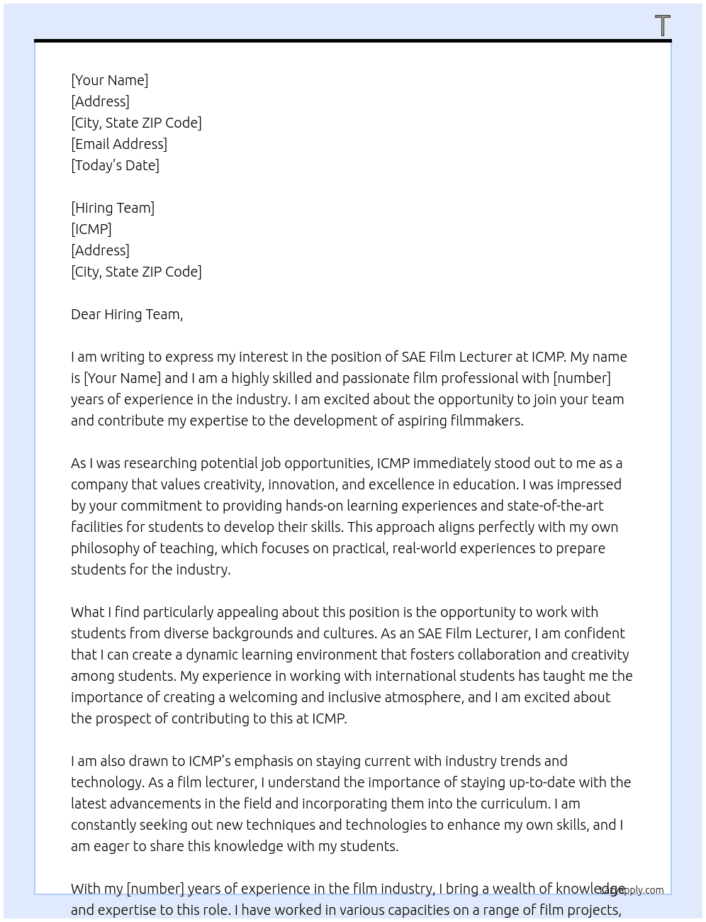 SAE Film Lecturer  At ICMP Cover Letter