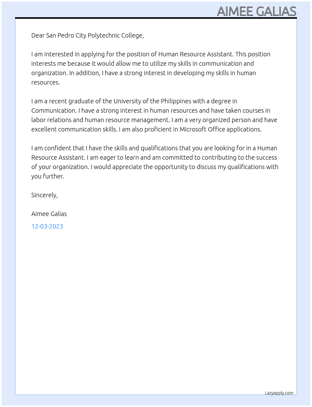 Human Resource Assistant At San Pedro City Polytechnic College Cover Letter