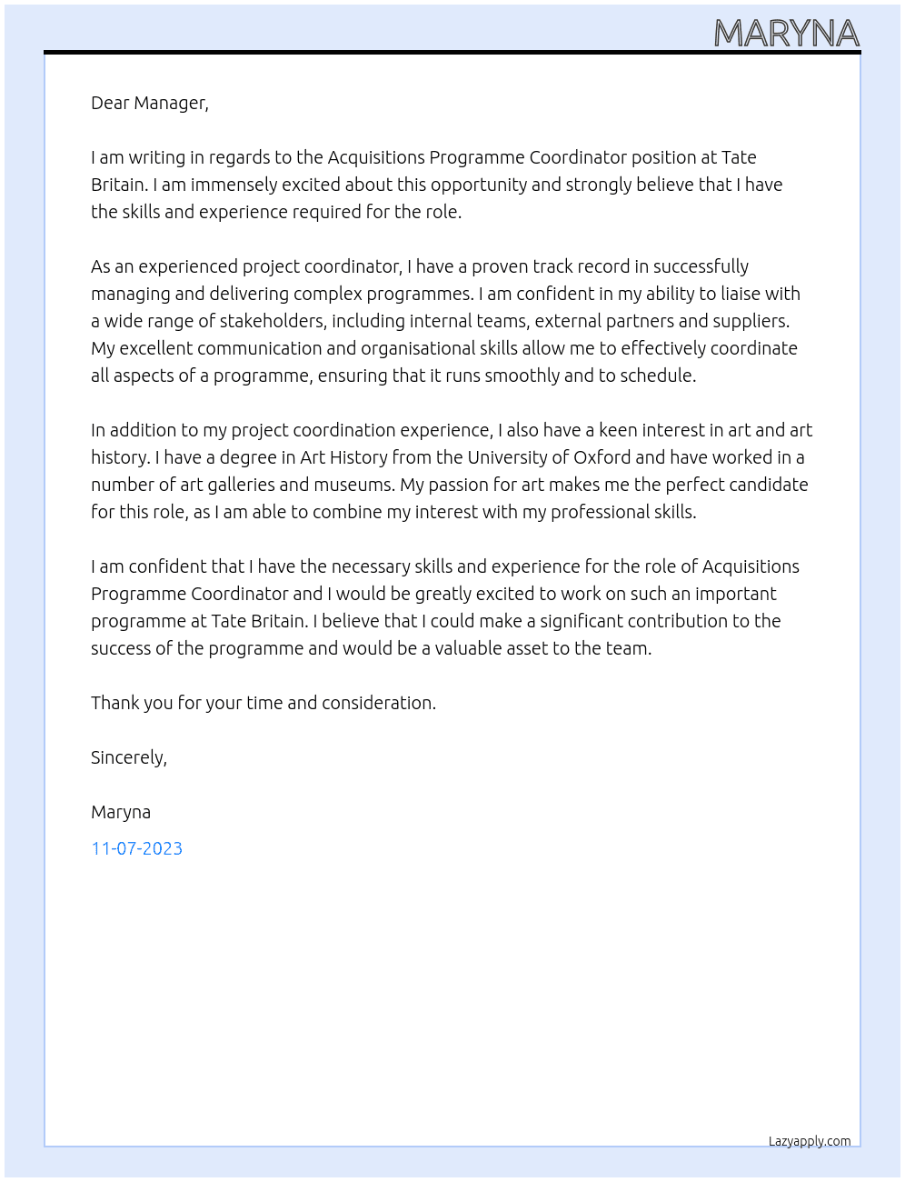 Acquisitions Programme Coordinator At Tate Britain Cover Letter