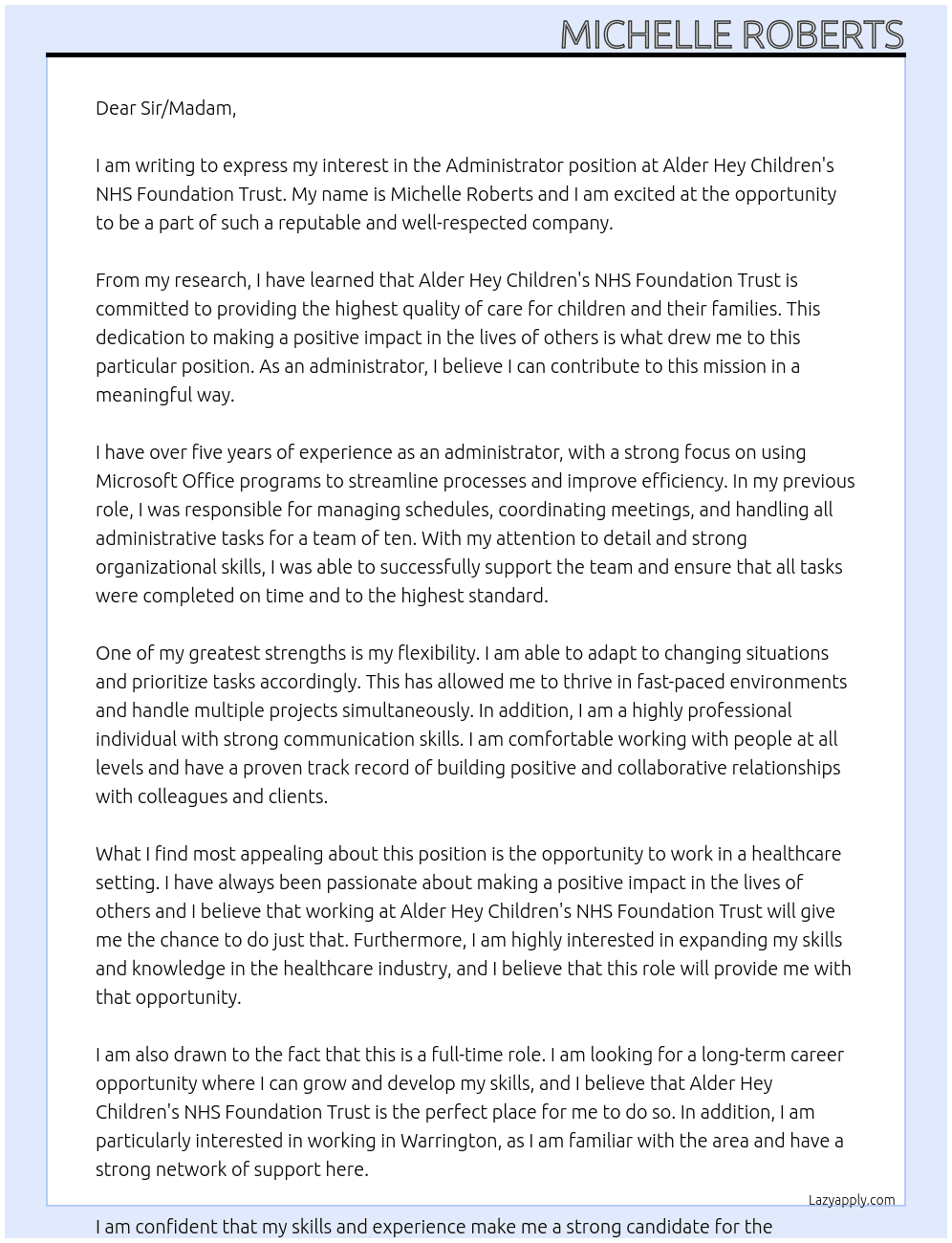 Administrator At Alder Hey Children's NHS Foundation Trust Cover Letter