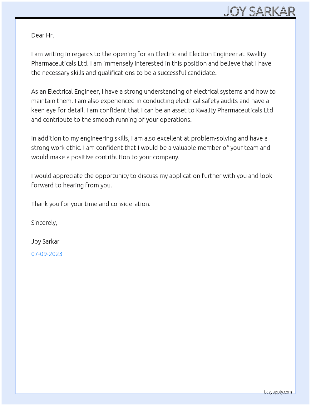 Electric and Election Engineer At KWALITY PHARMACEUTICALS LTD. Cover Letter