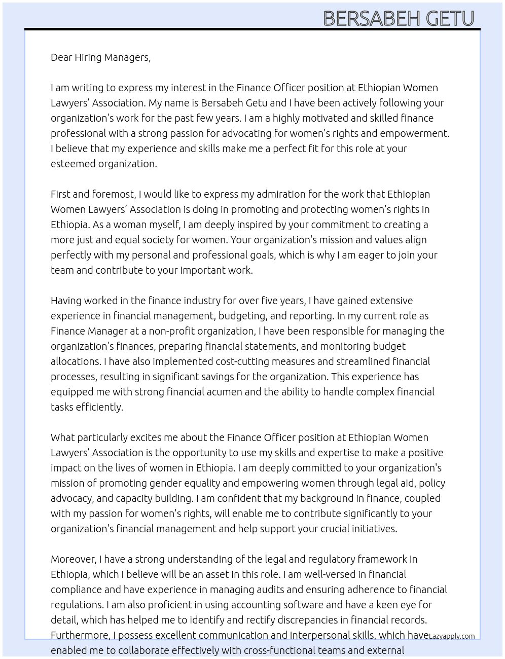 Finance officer At Ethiopian Women Lawyers’ Association Cover Letter