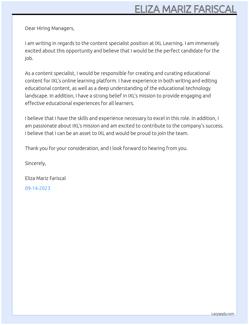 Content Specialist At IXL Learning Cover Letter
