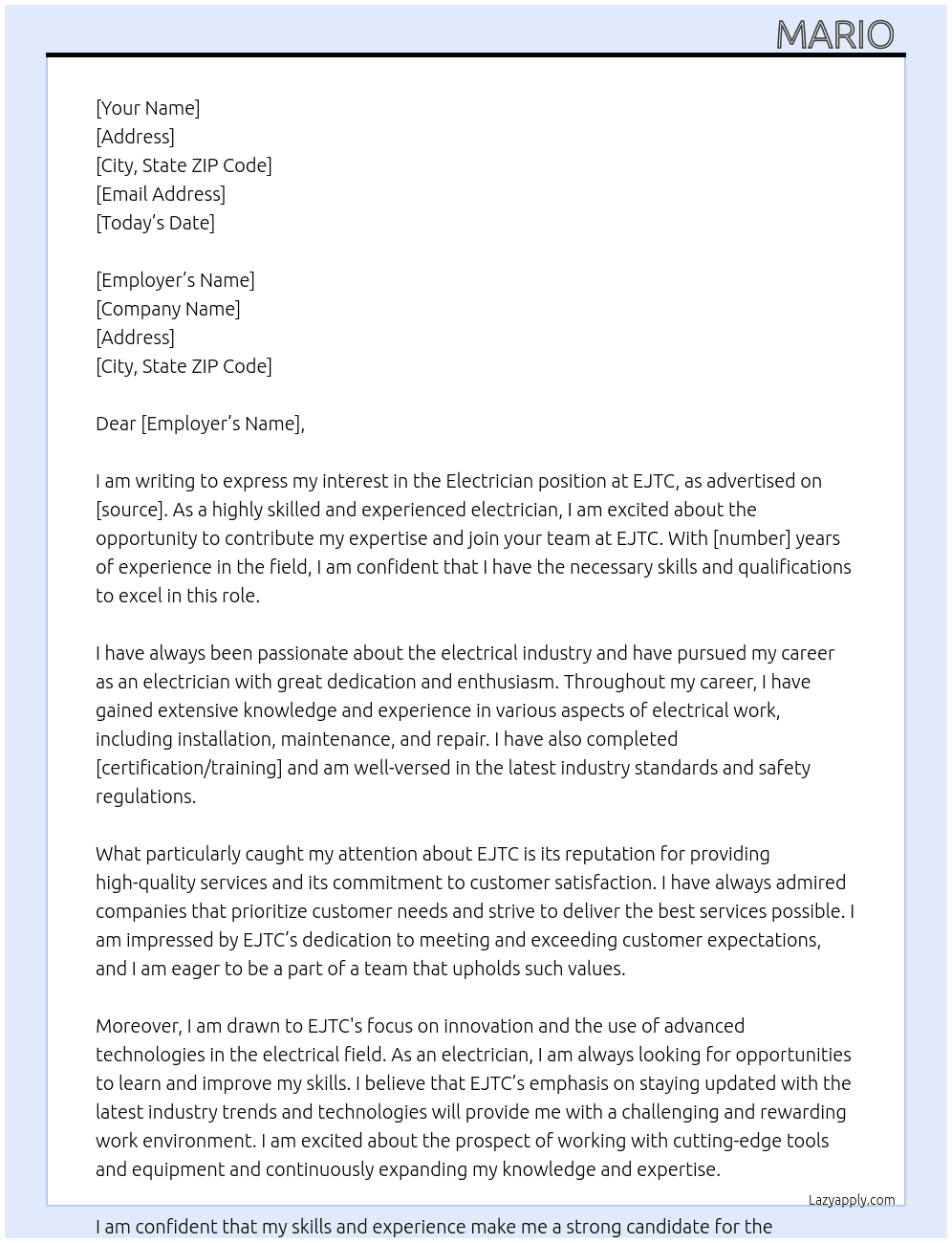 Electrician  At EJTC Cover Letter