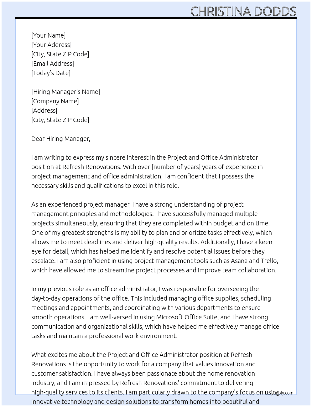 Project and Office Administrator At Refresh Renovations Cover Letter