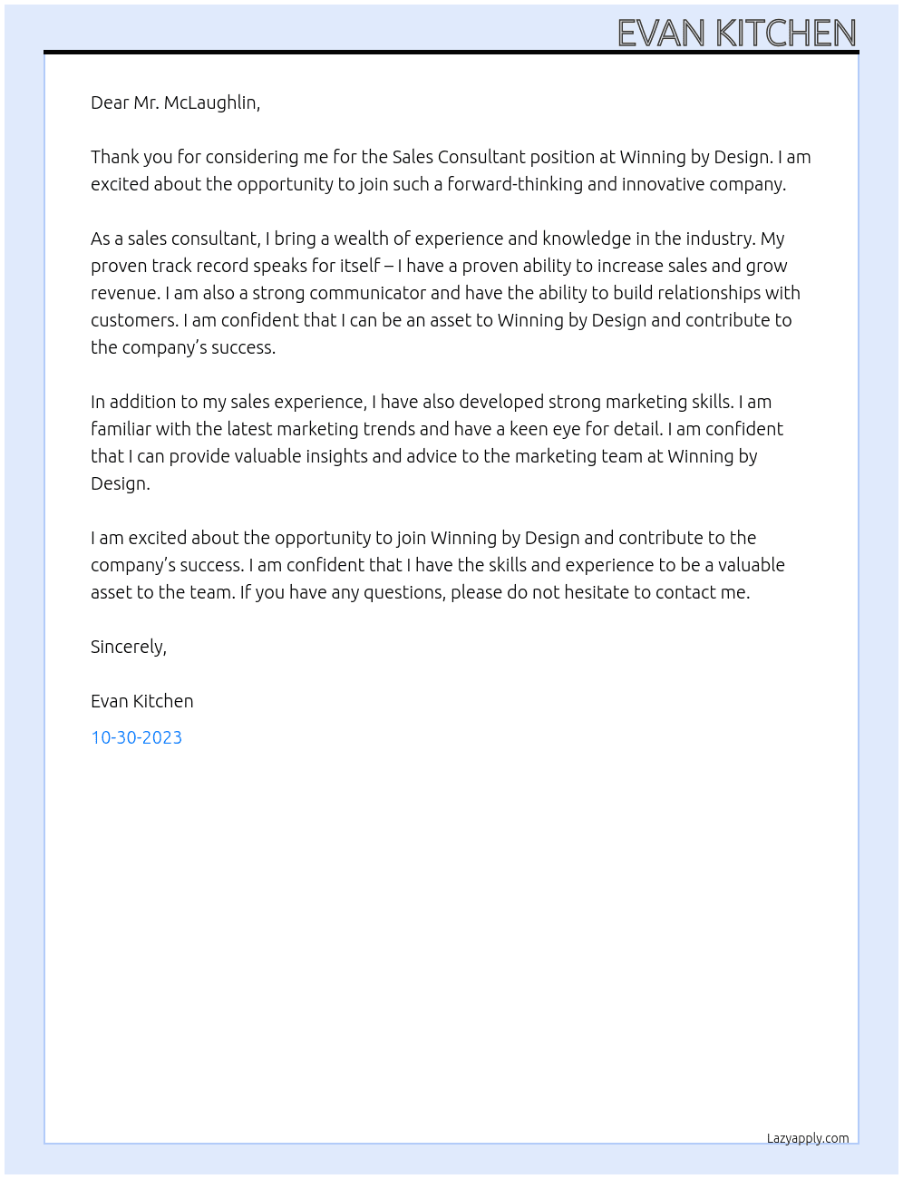 Sales Consultant At Winning by Design Cover Letter