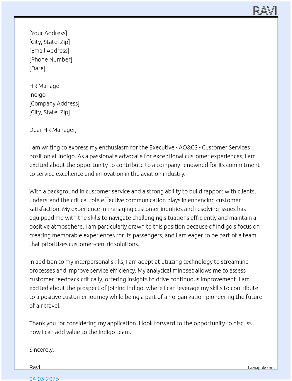 Cover letter for executive -ao&cs - customer services - tri - LazyApply
