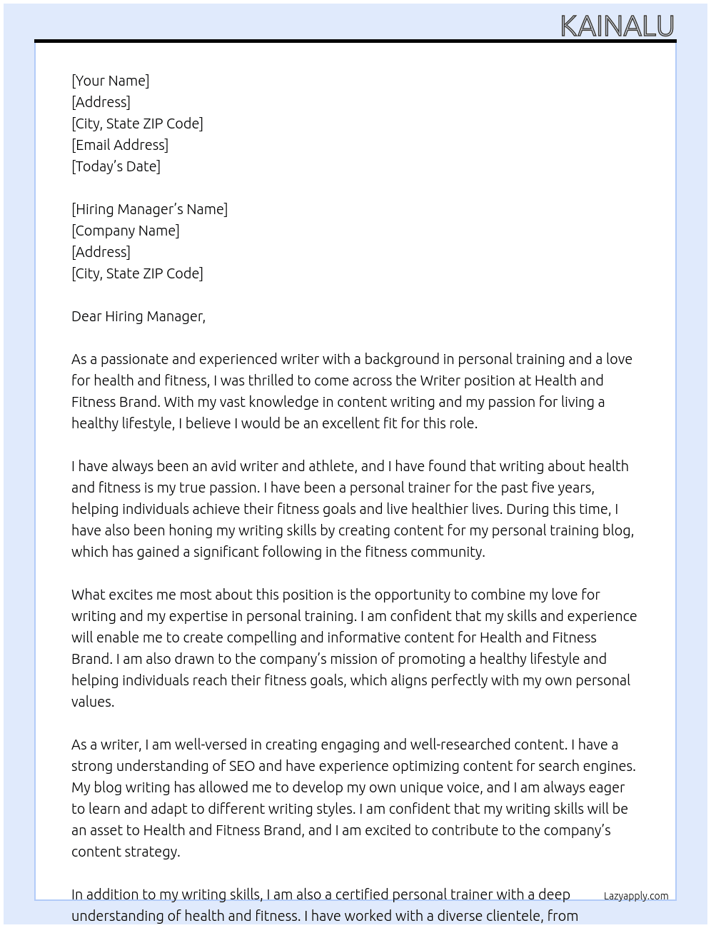 Writer At Health and Fitness Brand Cover Letter