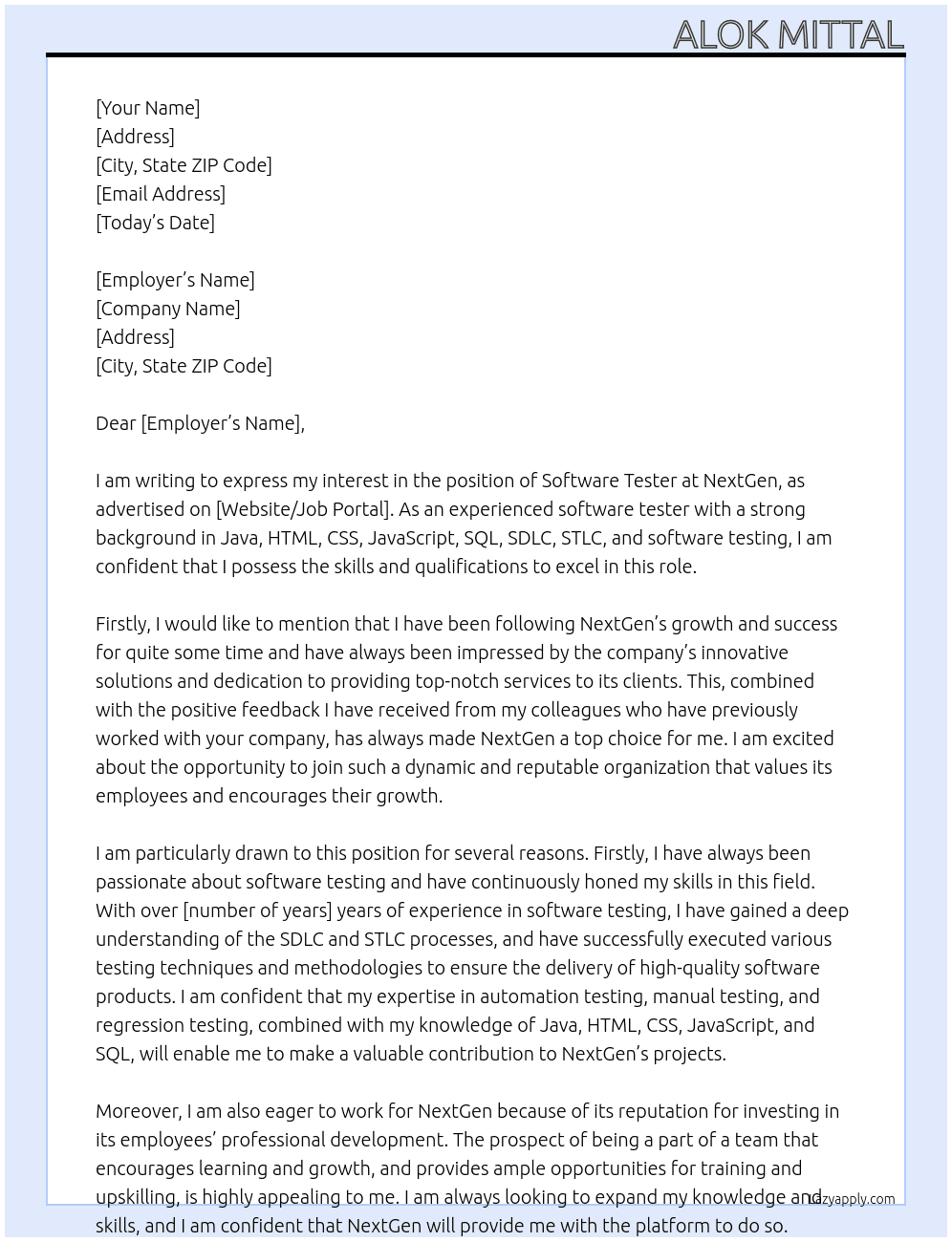 Software tester  At NextGen  Cover Letter