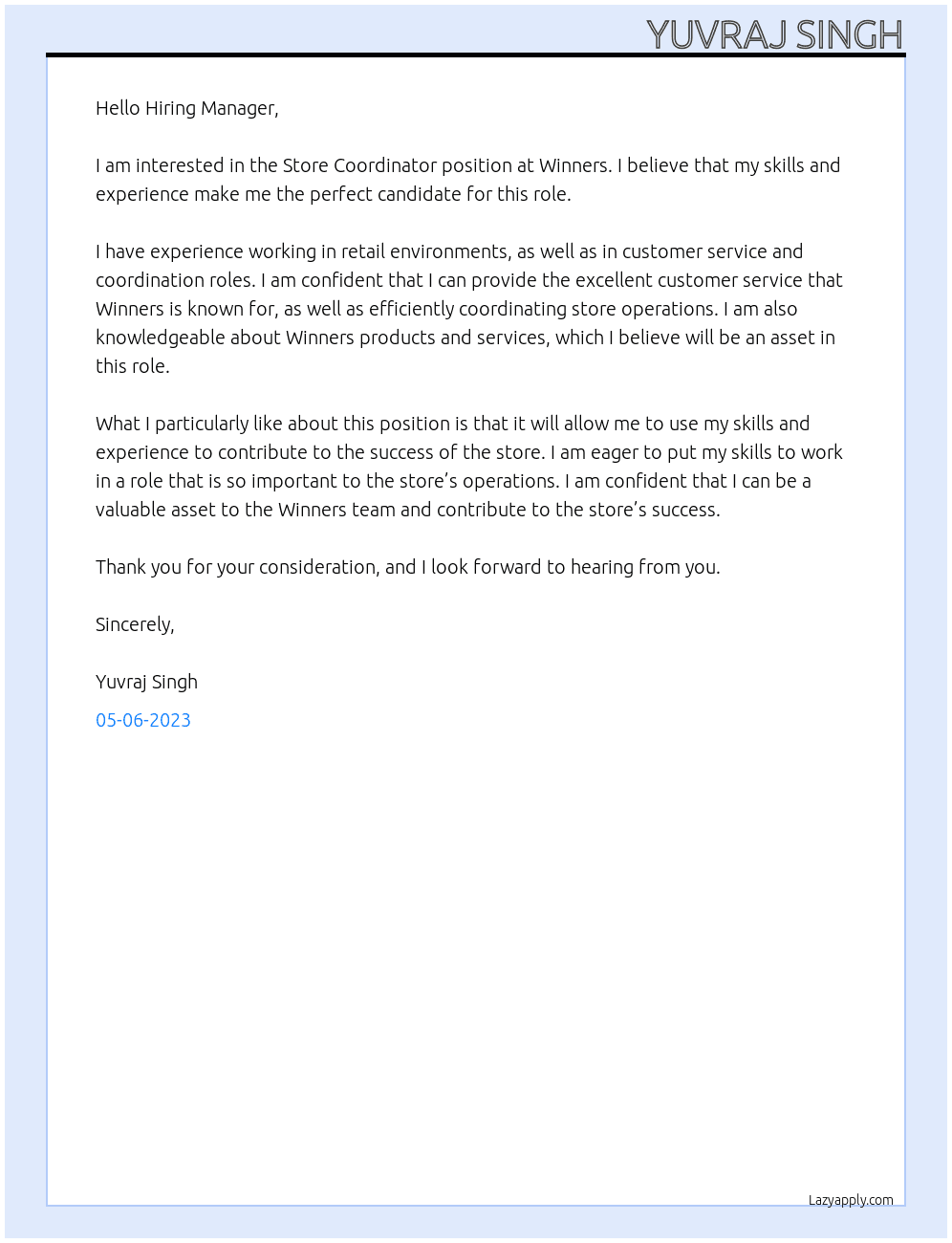 Store Coordinator At Winners Cover Letter