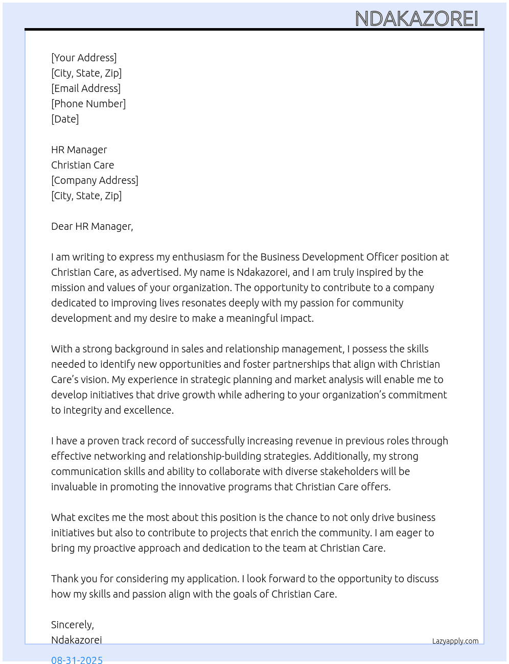 business development officer At Christian Care  Cover Letter