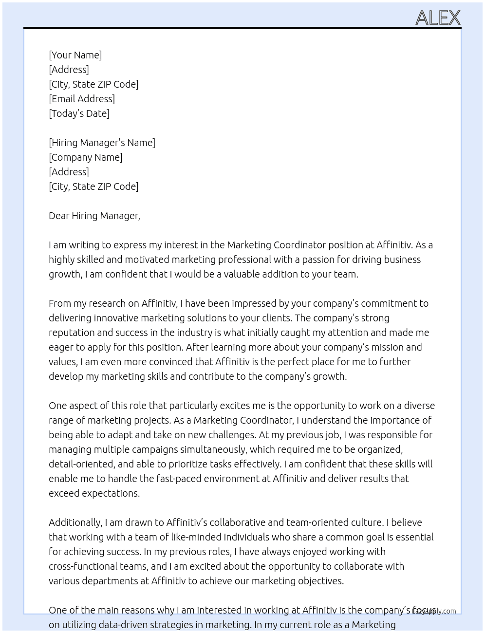 Marketing coordinator  At Affinitiv Cover Letter
