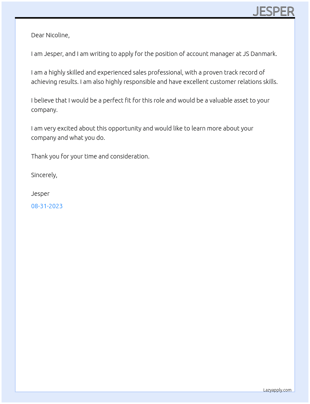 Account manager At JS Danmark Cover Letter