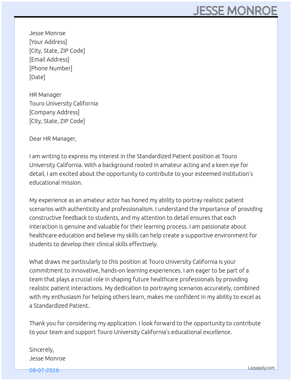 standardized patient At Touro University California Cover Letter