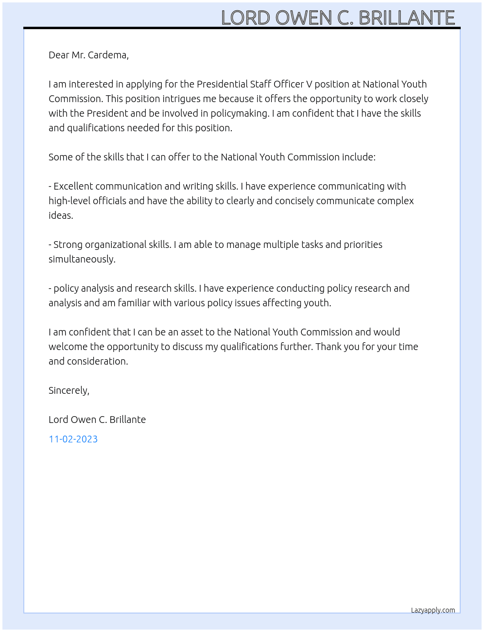 Presidential Staff Officer V  At National Youth Commission  Cover Letter