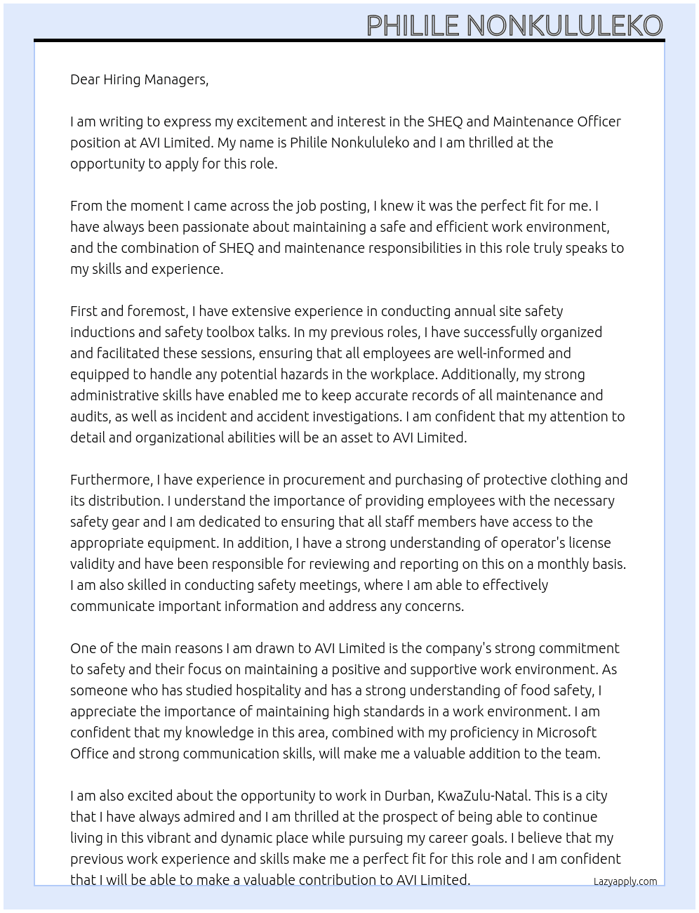 SHEQ And Maintenance Officer At  AVI Limited Cover Letter