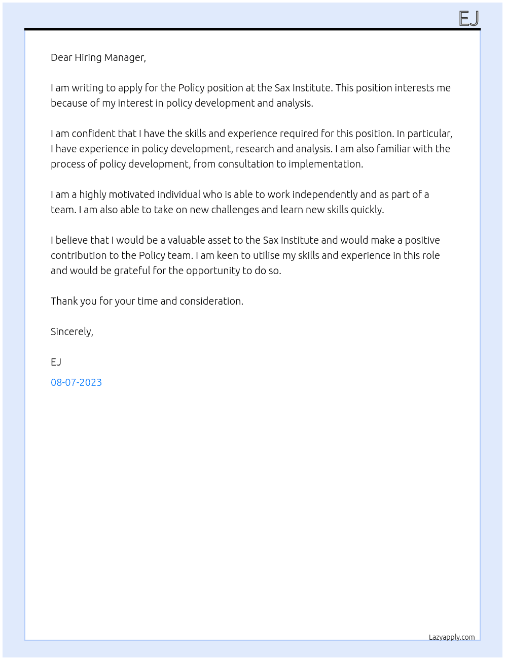 Policy At Sax institute Cover Letter