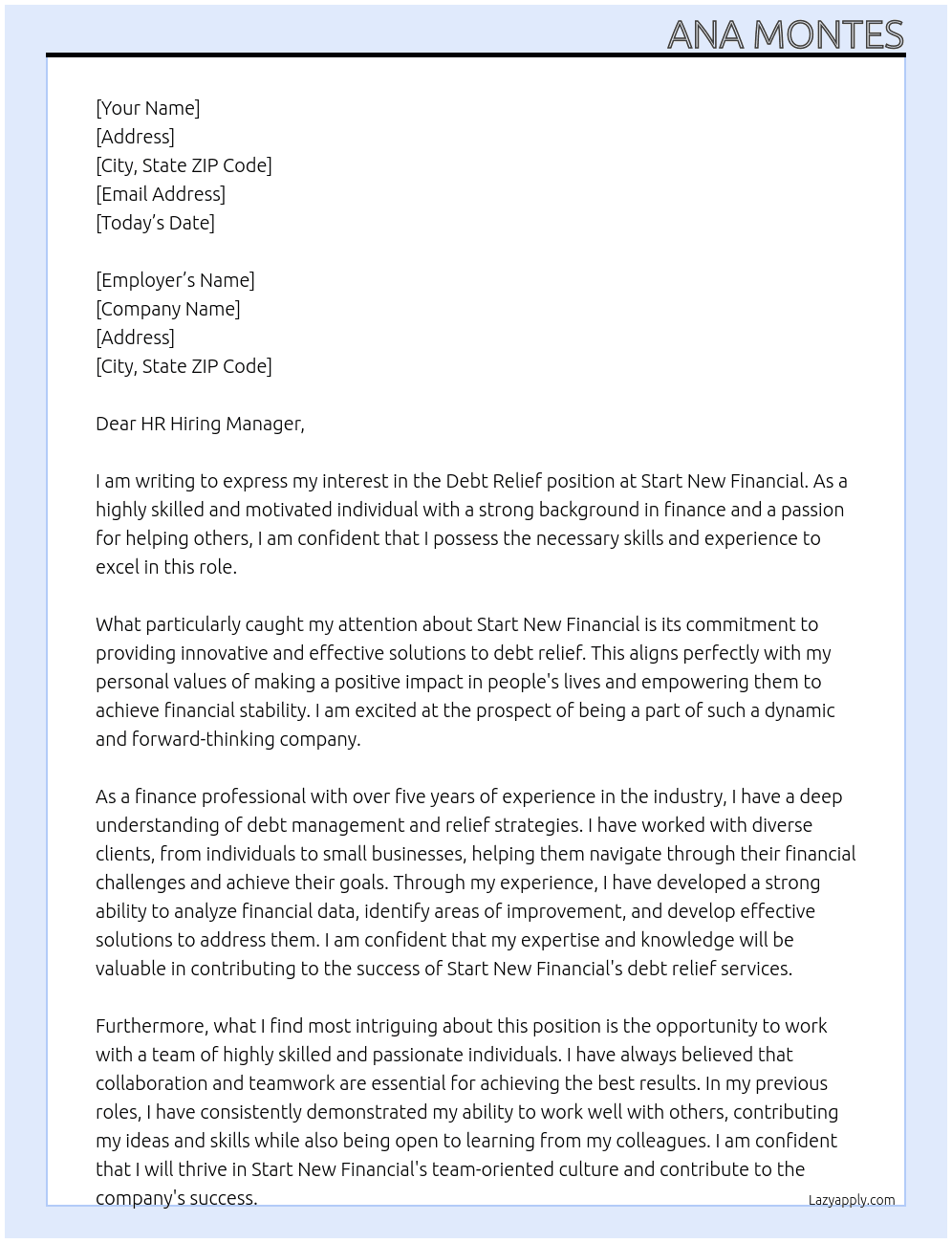 debt relief At Start New Finanical Cover Letter