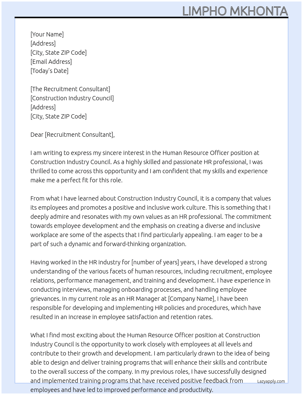 Human Resource Officer At Construction Industry Council Cover Letter
