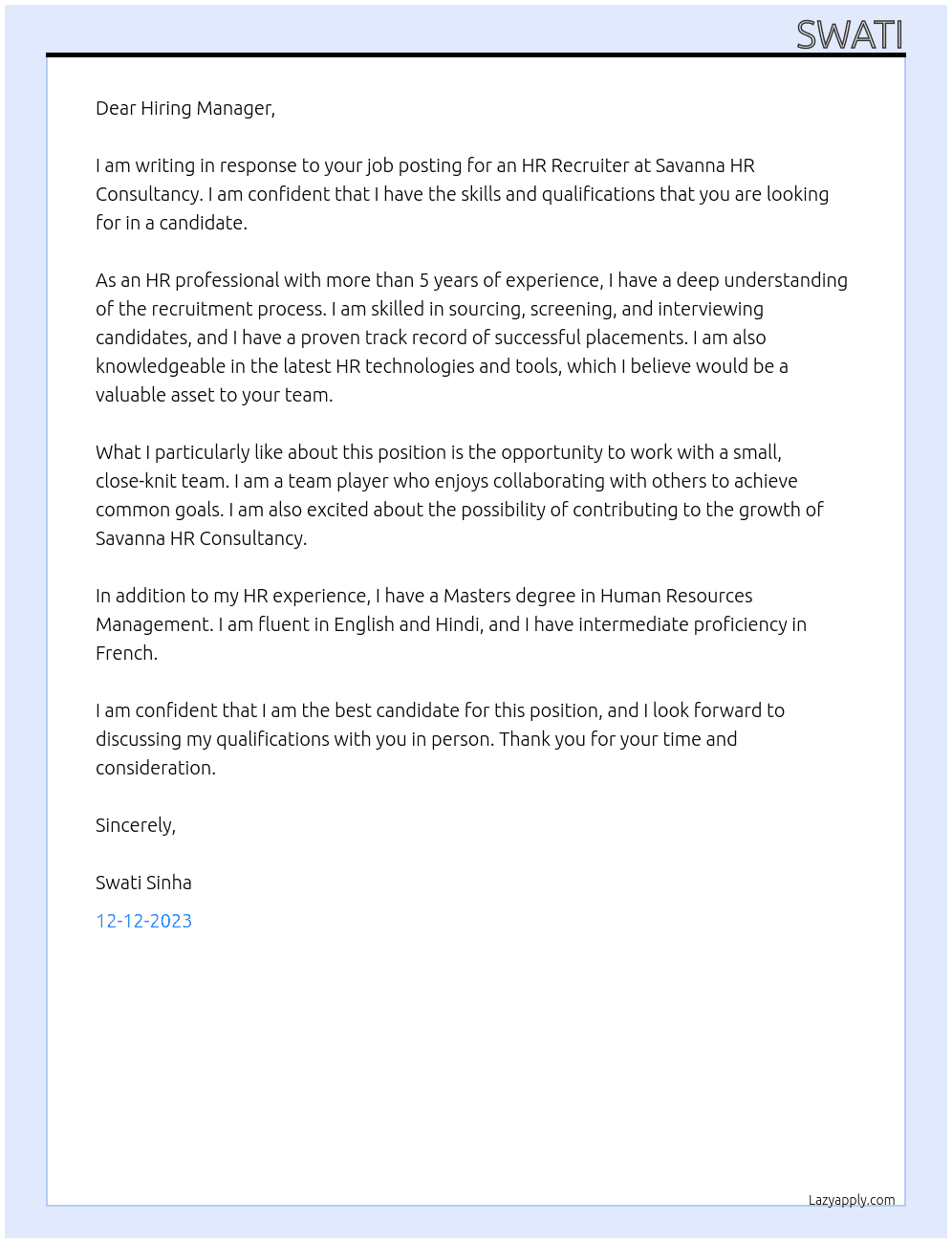 HR Recruiter At Savanna HR Consultancy Cover Letter