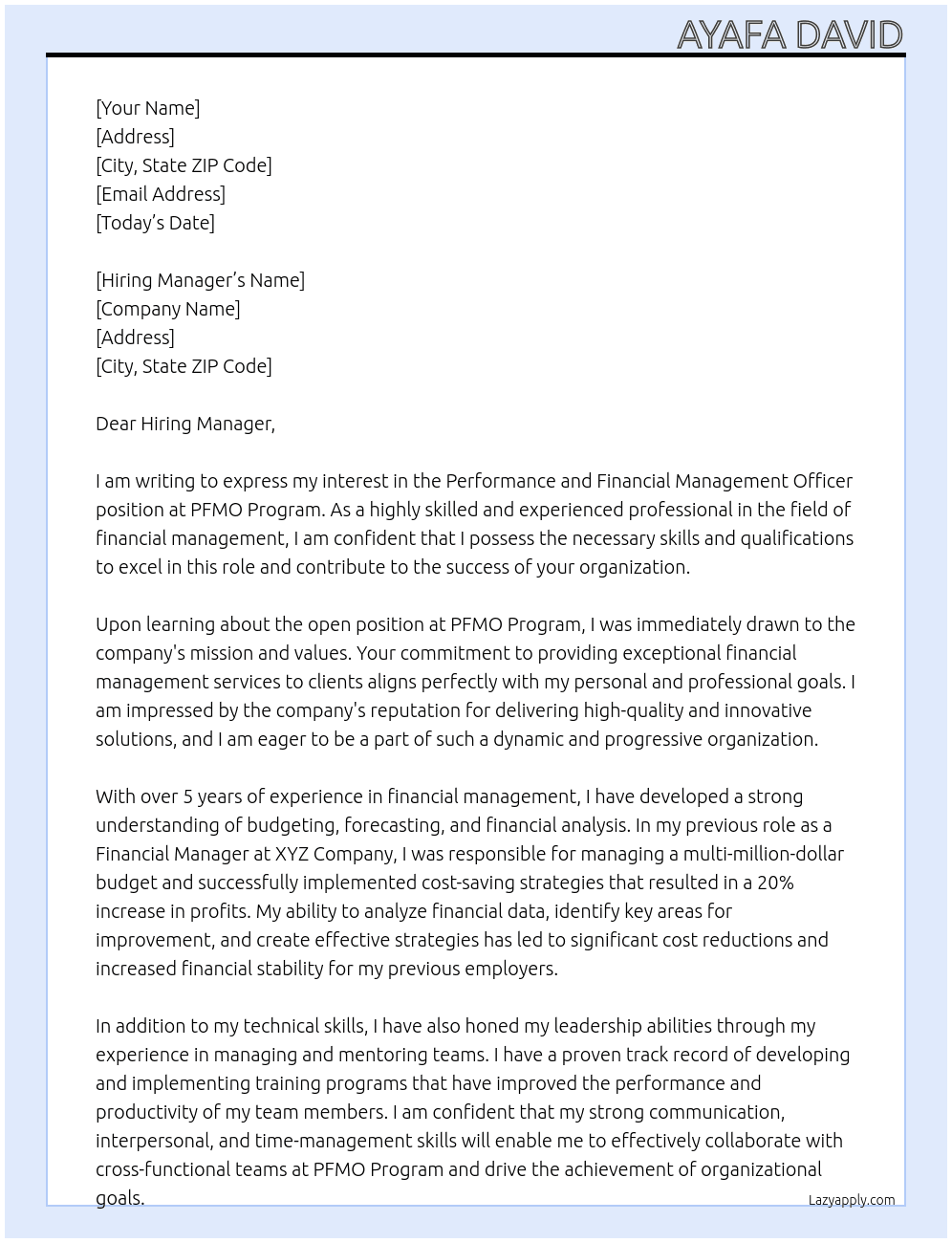 Performance and Financial Management Officer At PFMO Program Cover Letter