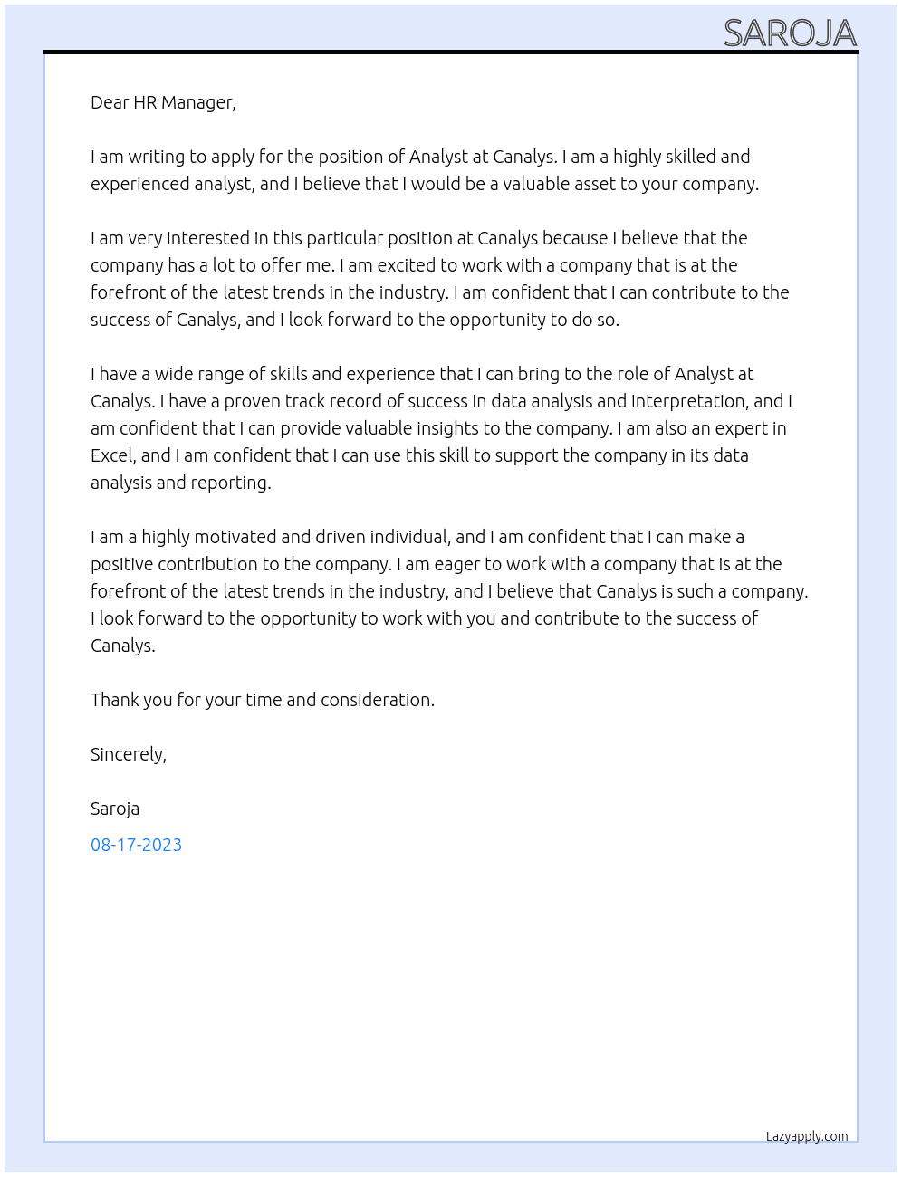 Analyst At Canalys Cover Letter