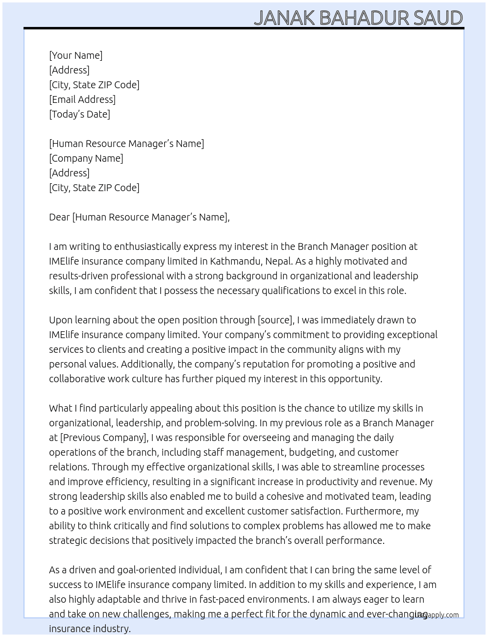 Branch Manager At IMElife insurance company limited  Cover Letter