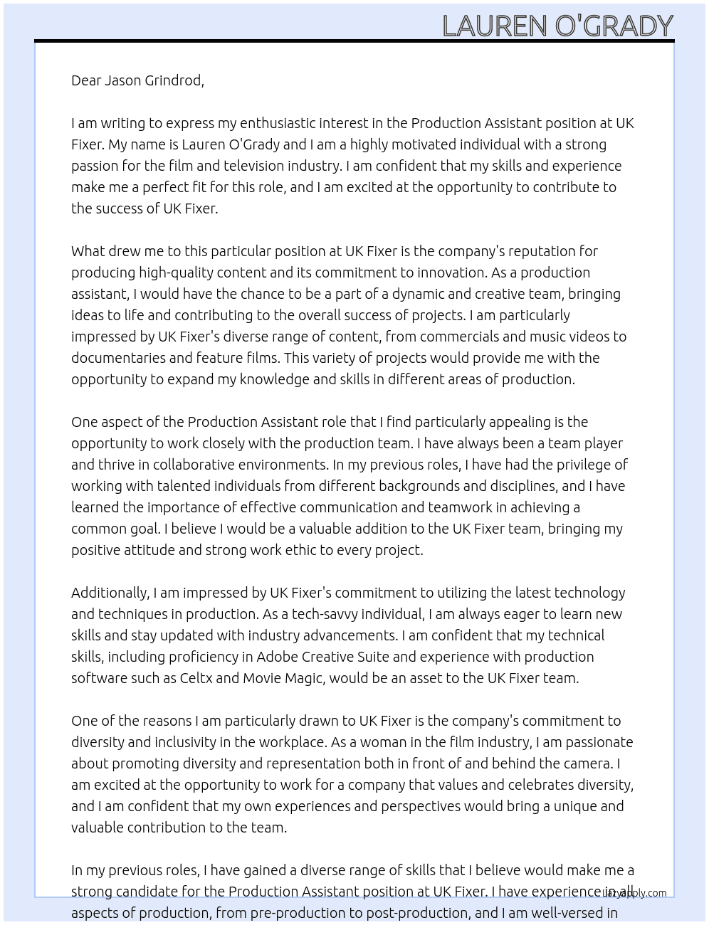 Production Assistant At UK Fixer Cover Letter