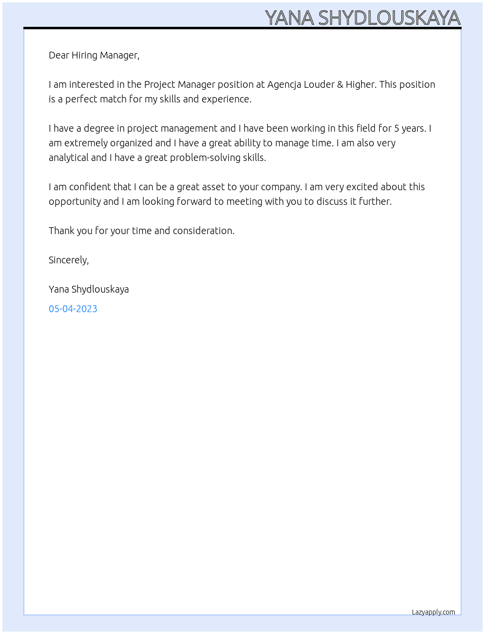 Project Manager At Agencja Louder & Higher Cover Letter