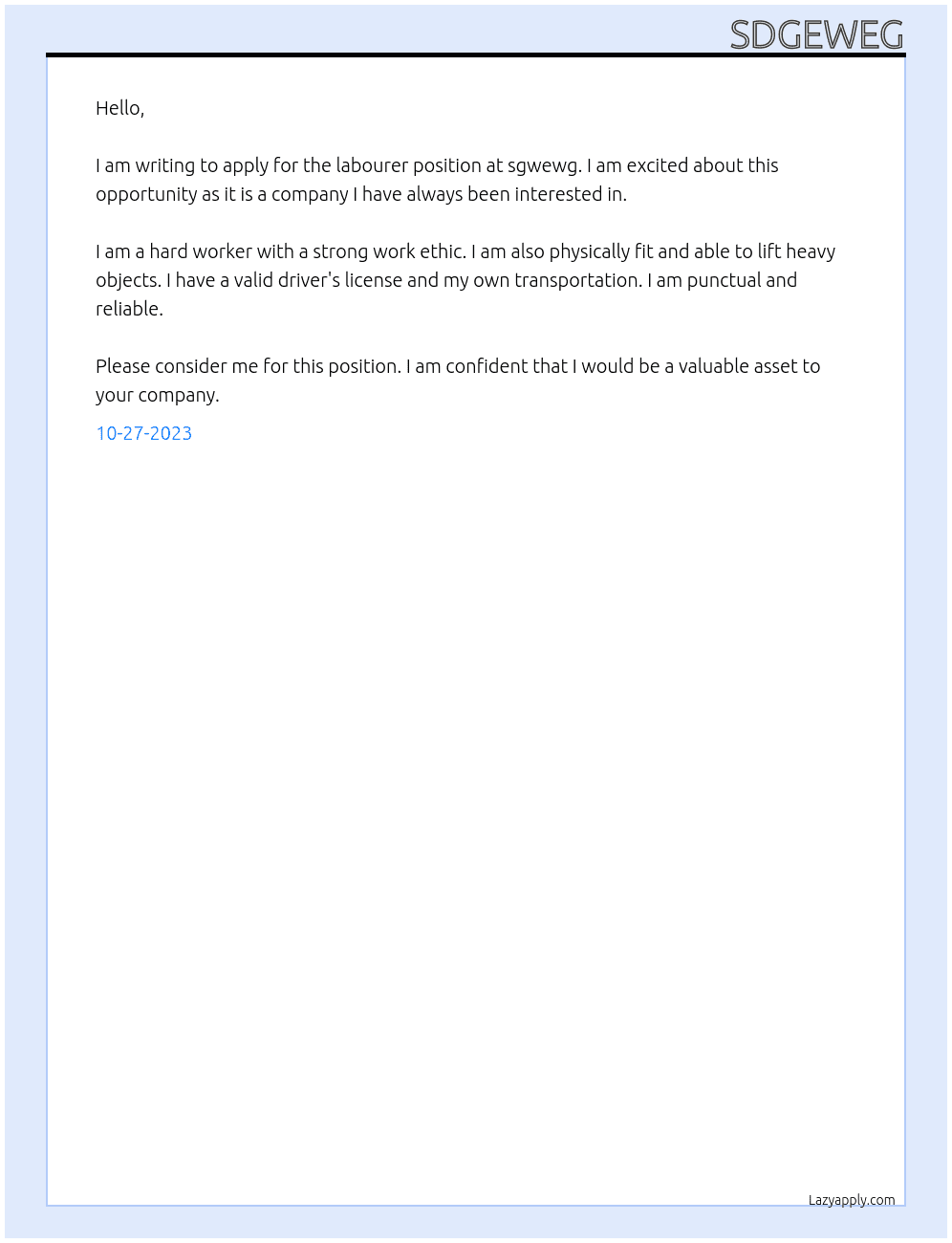 Labourer At sgwewg Cover Letter