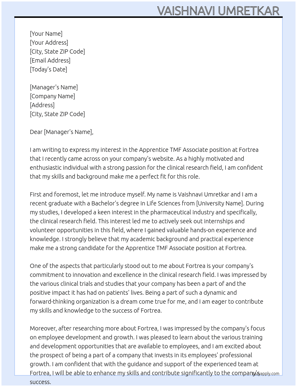 Apprentice TMF associate  At Fortrea  Cover Letter