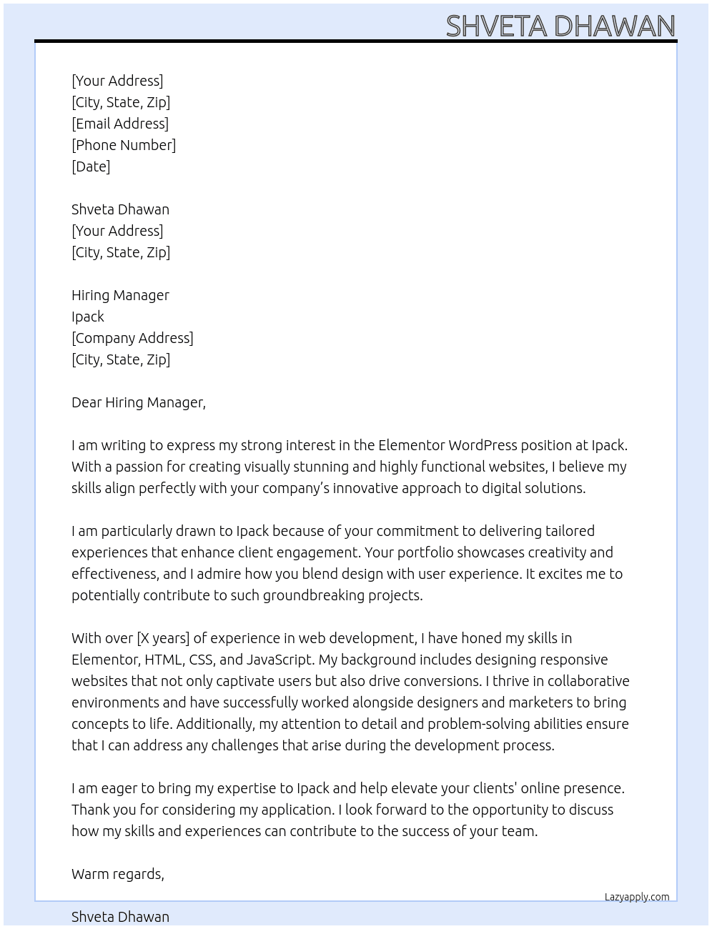 elementor wordpress At Ipack Cover Letter