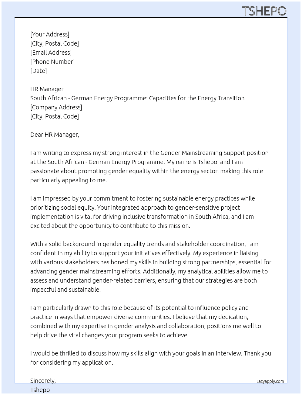 gender mainstreaming support At South African - German Energy Programme: Capacities for the Energy Transition Cover Letter