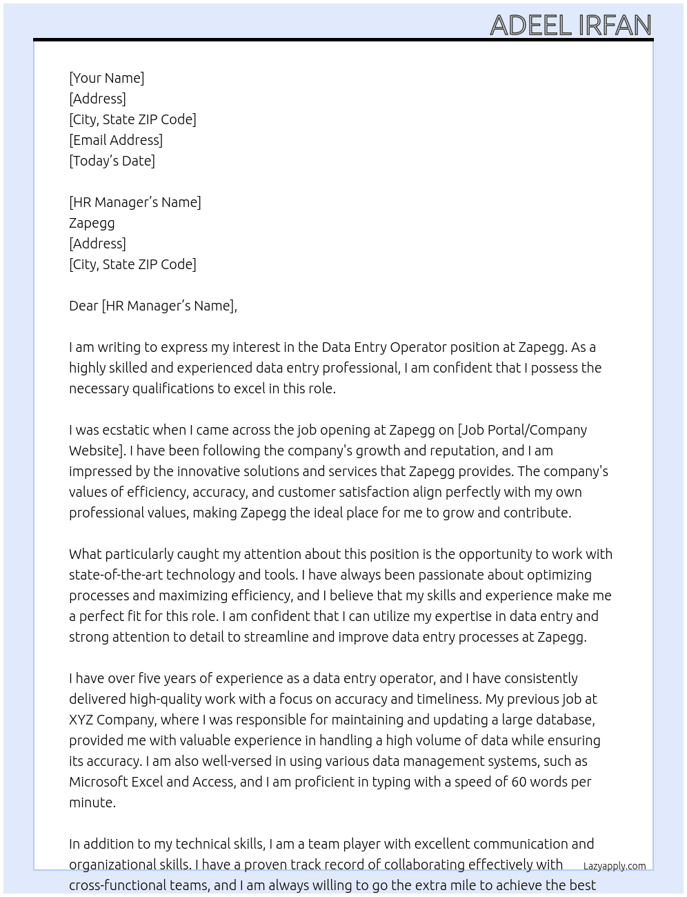 Data Entry Operator At Zapegg Cover Letter