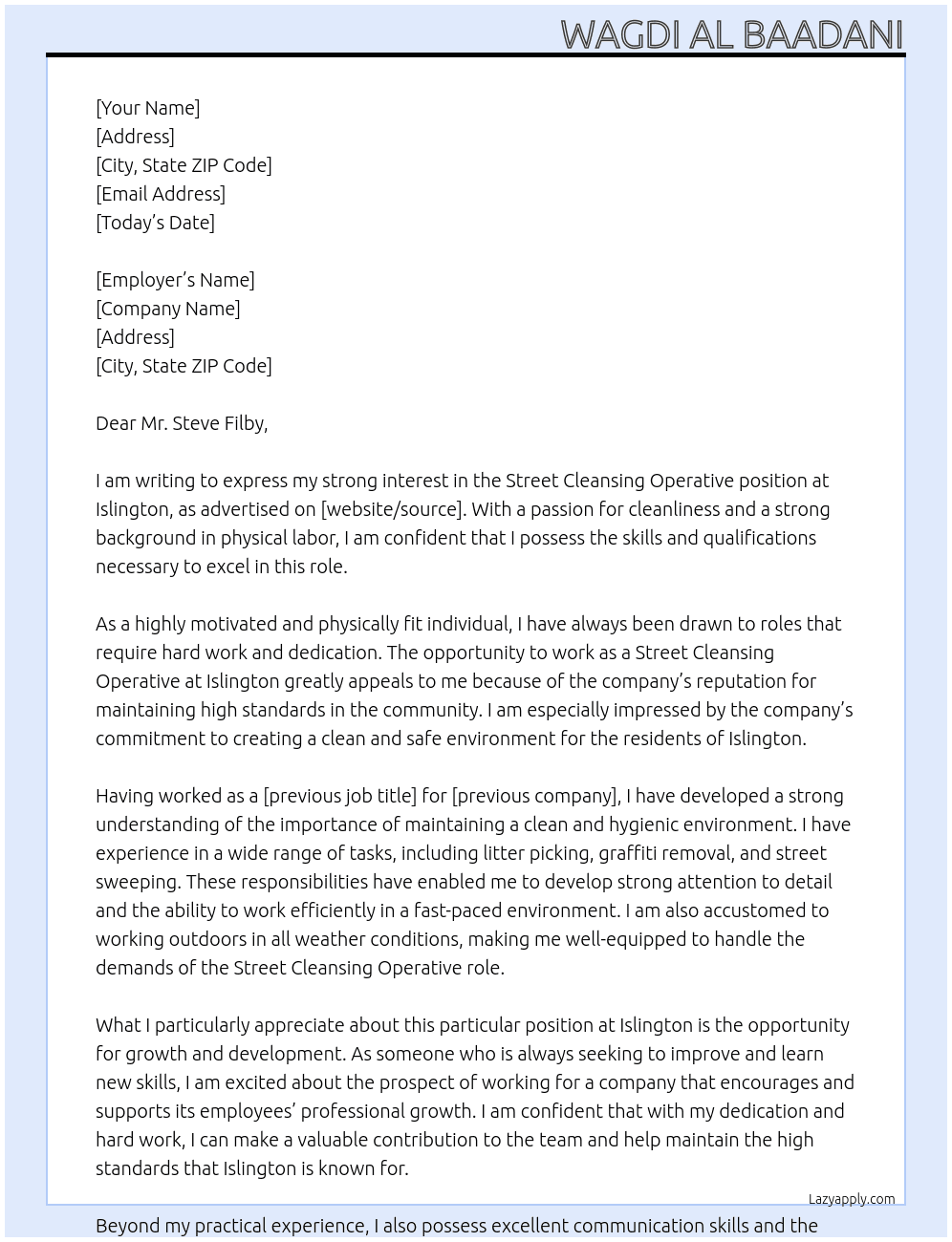 Street Cleansing Operative (Islington) At Islington Cover Letter