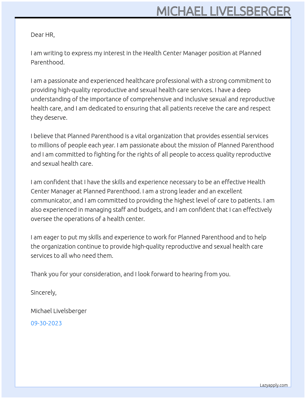 Health Center Manager At Planned Parenthood Cover Letter