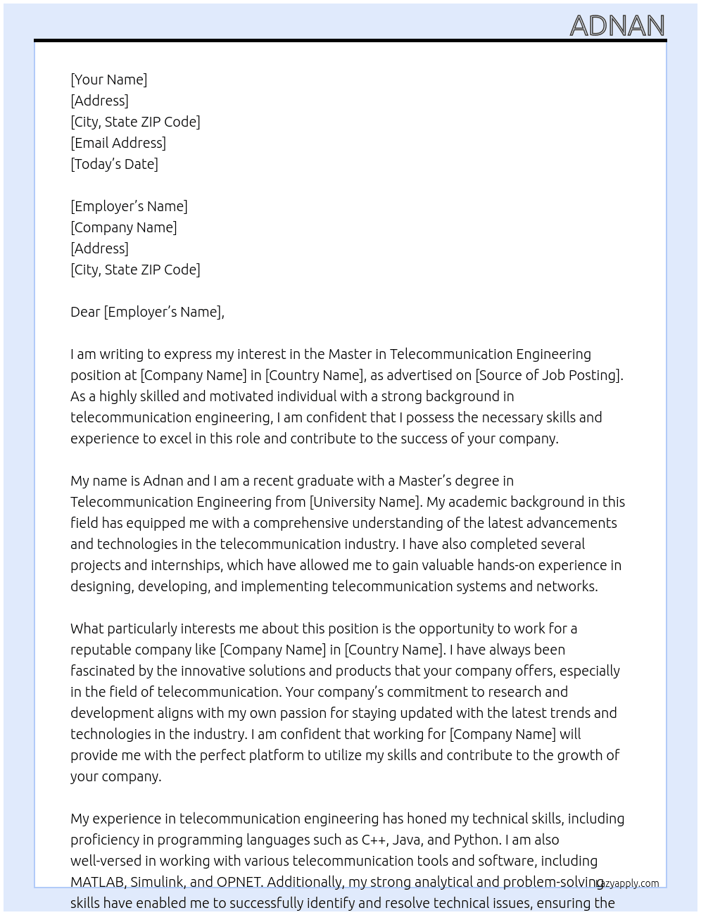 Master in telecommunication engineering At Italy Cover Letter