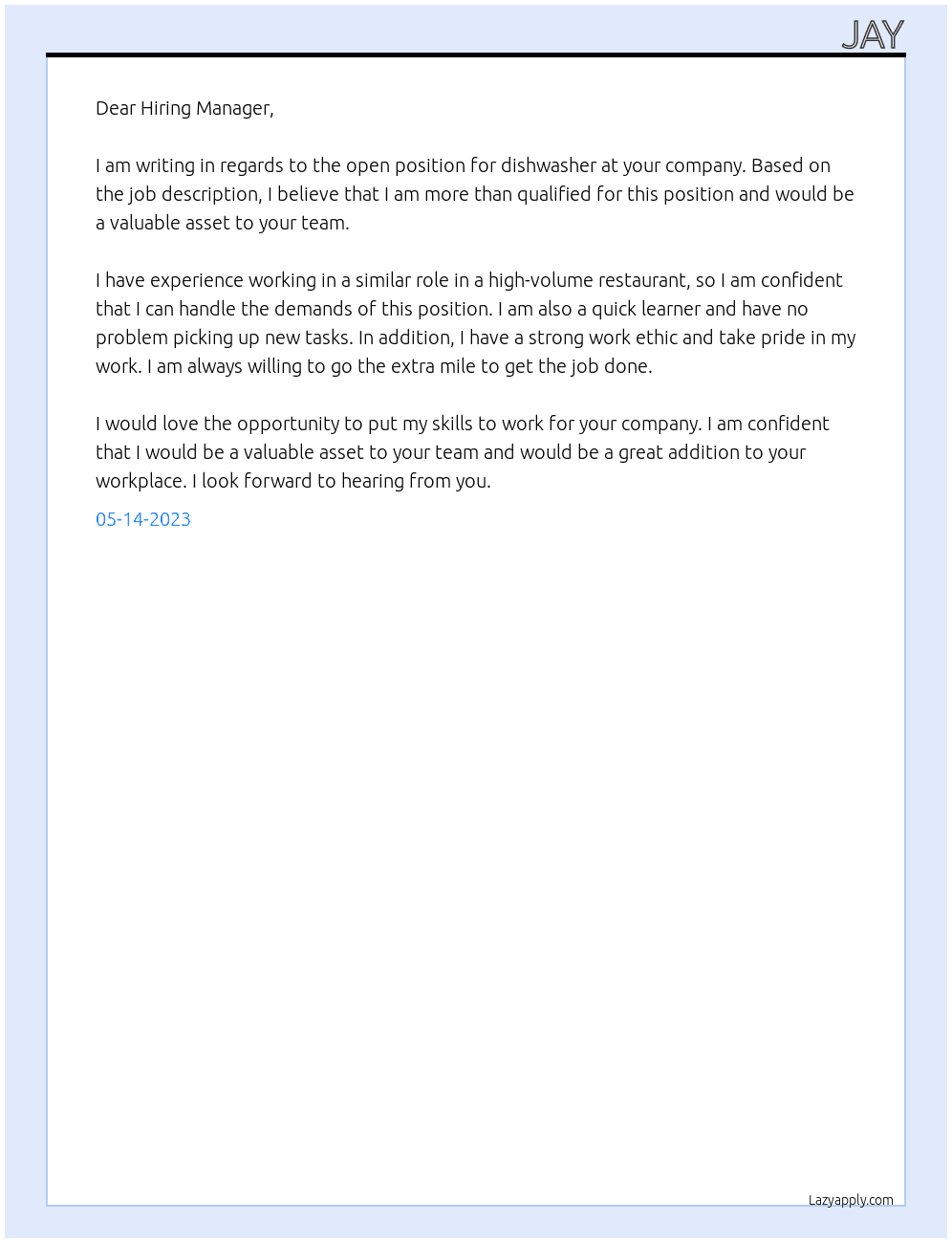Dishwasher At ABCD COMPANY Cover Letter