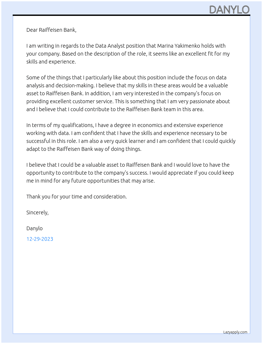 Data Analyst At Raiffeisen Bank Cover Letter