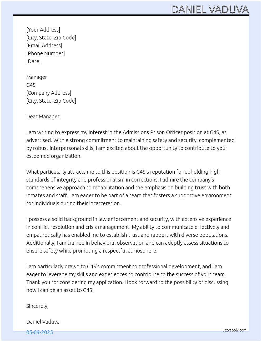 admission prison officer At G4s Cover Letter