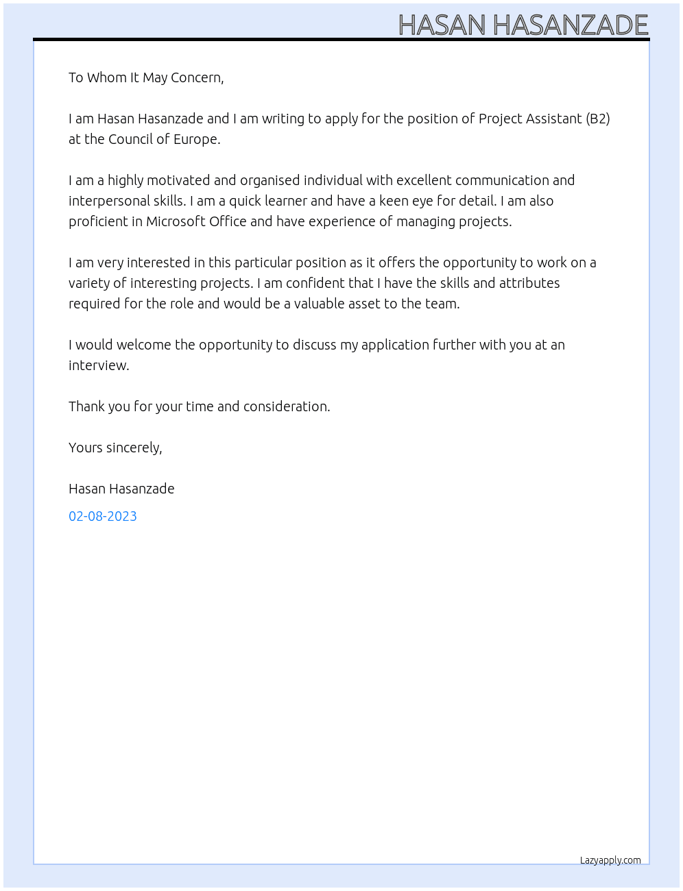 Project Assistant (B2) At Council of Europe Cover Letter